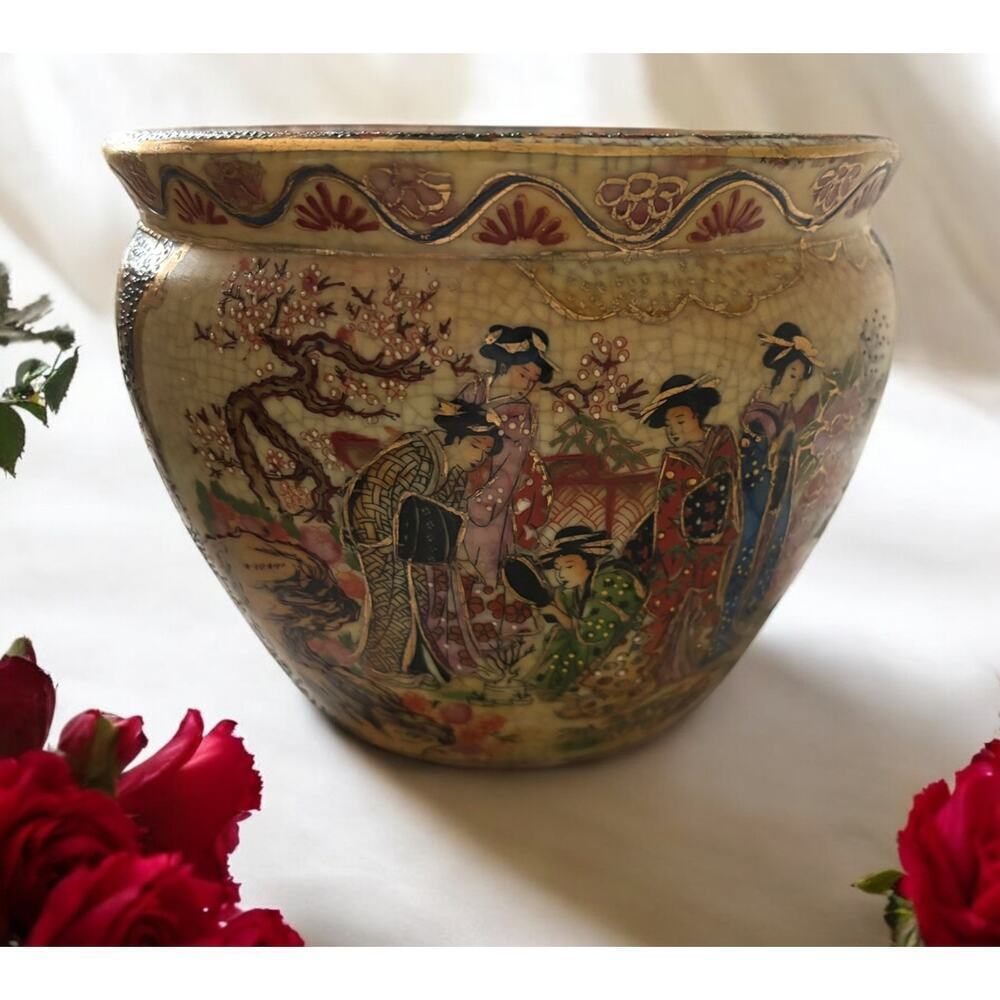 Satsuma Hand Painted Porcelain Planter Fish Bowl Geisha Girl Koi 5” X 6.5”